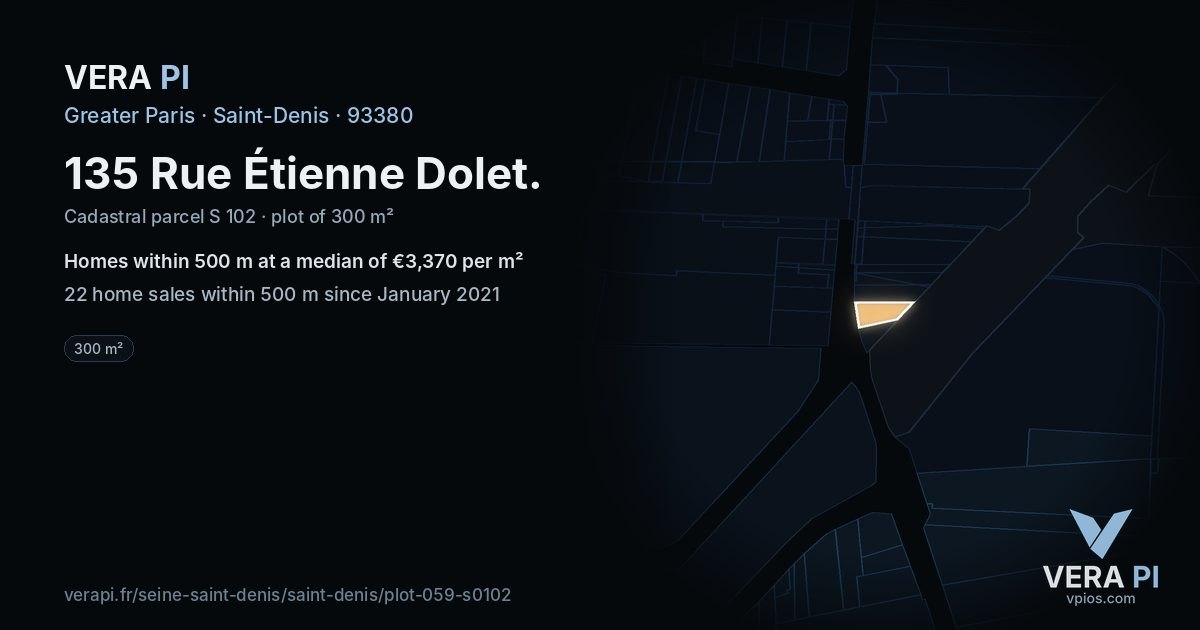 135 Rue Étienne Dolet, Saint-Denis at night – the plot lit, the parcels around coloured by the prices near them