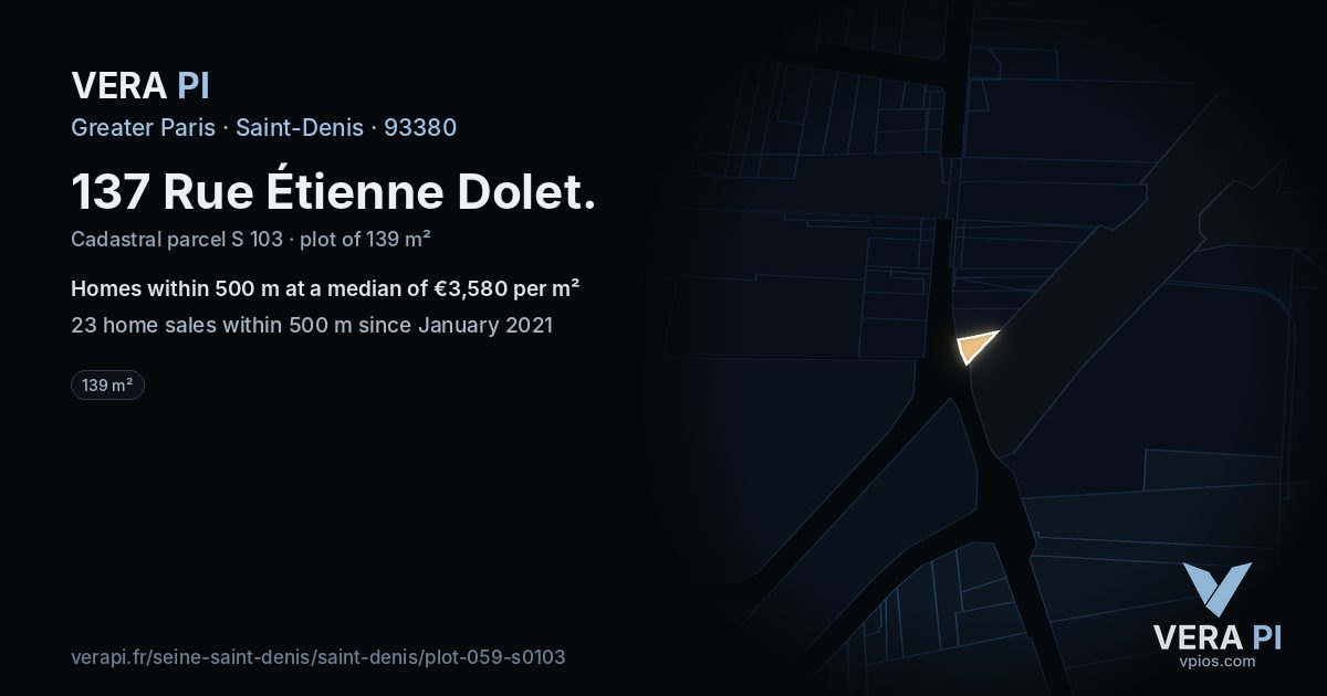 137 Rue Étienne Dolet, Saint-Denis at night – the plot lit, the parcels around coloured by the prices near them