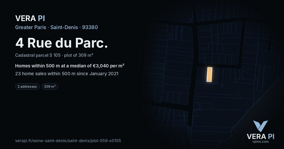 4 Rue du Parc, Saint-Denis at night – the plot lit, the parcels around coloured by the prices near them