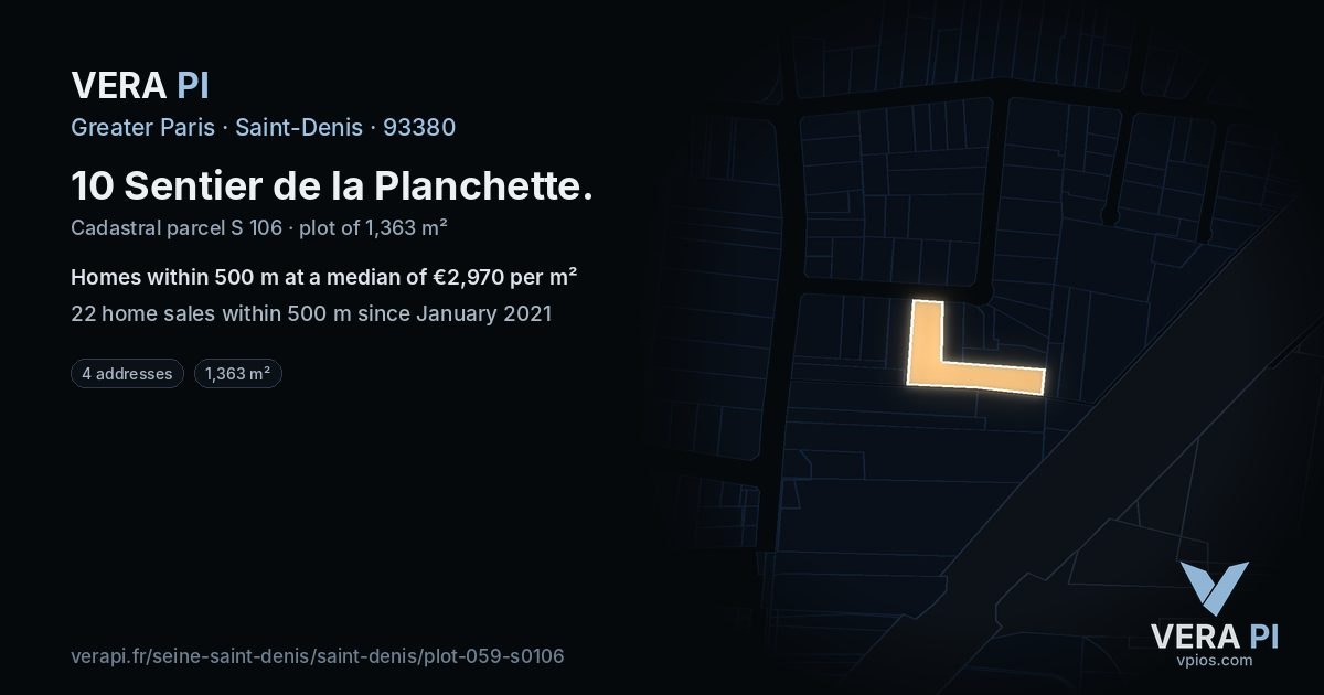 10 Sentier de la Planchette, Saint-Denis at night – the plot lit, the parcels around coloured by the prices near them