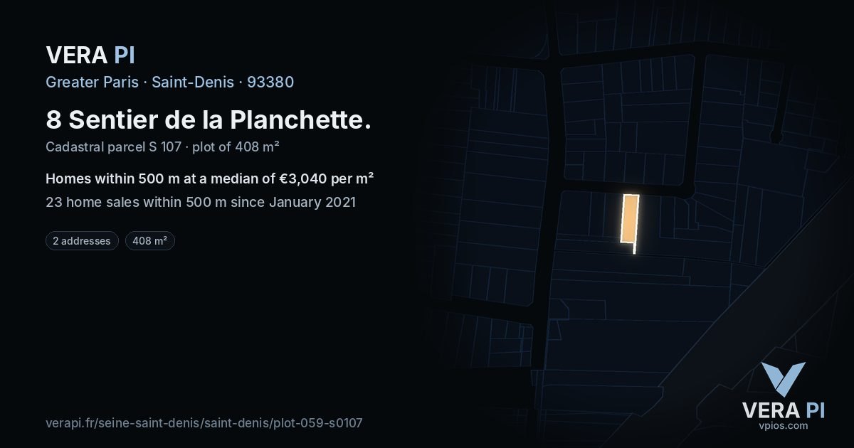 8 Sentier de la Planchette, Saint-Denis at night – the plot lit, the parcels around coloured by the prices near them