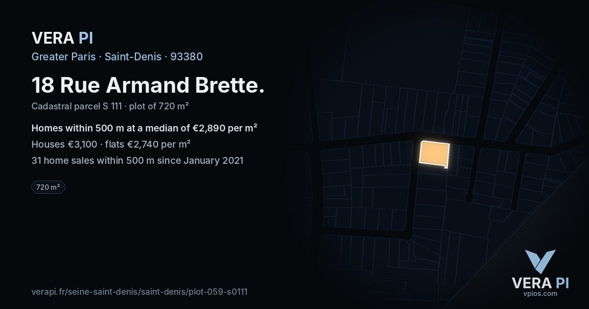 18 Rue Armand Brette, Saint-Denis at night – the plot lit, the parcels around coloured by the prices near them