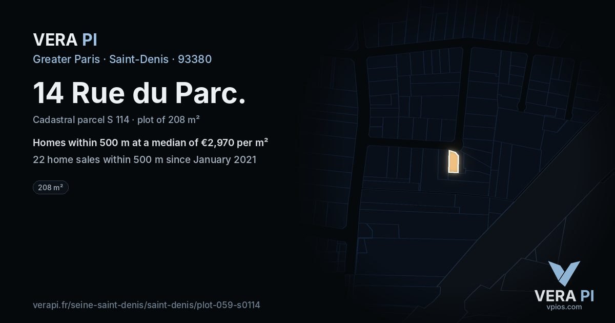 14 Rue du Parc, Saint-Denis at night – the plot lit, the parcels around coloured by the prices near them