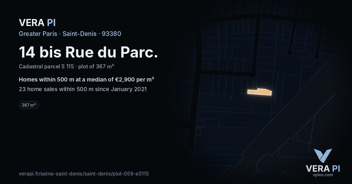 14 bis Rue du Parc, Saint-Denis at night – the plot lit, the parcels around coloured by the prices near them