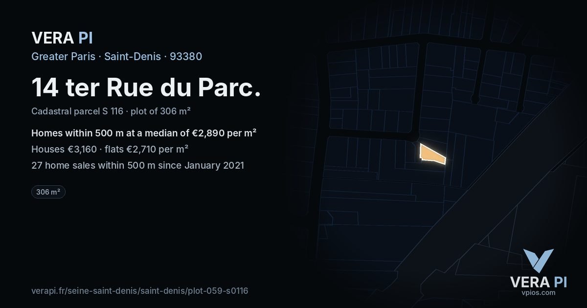 14 ter Rue du Parc, Saint-Denis at night – the plot lit, the parcels around coloured by the prices near them