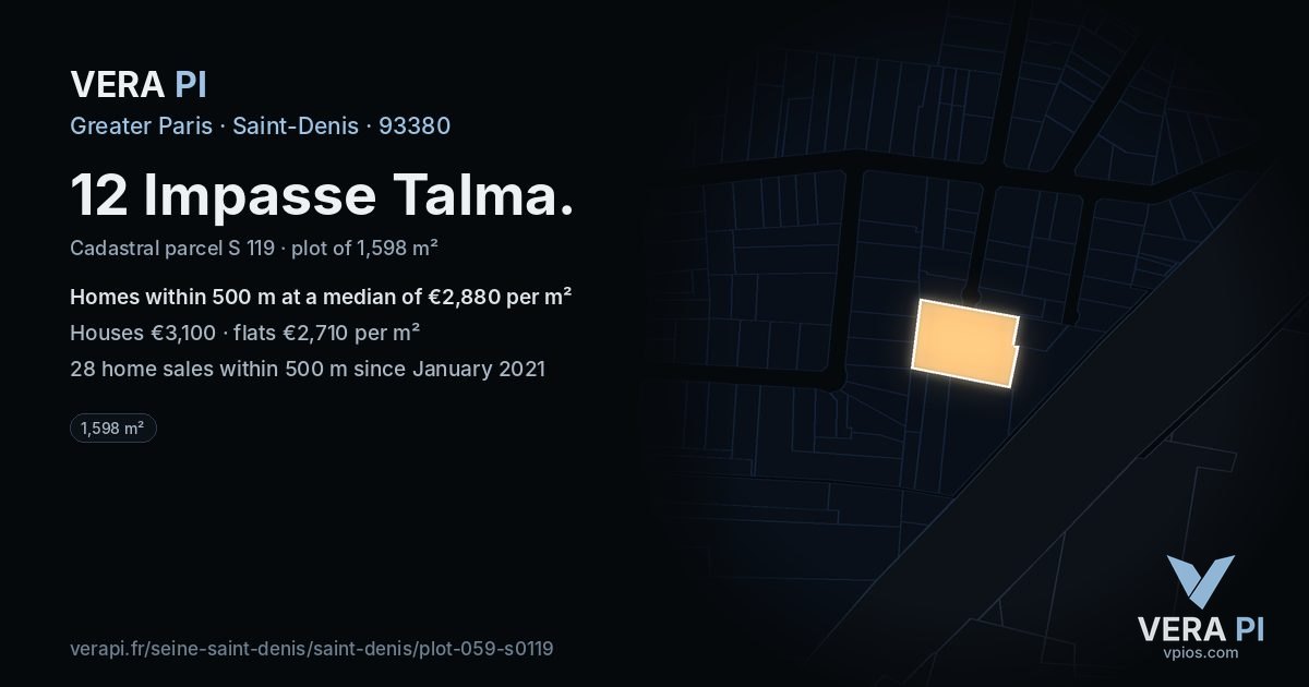 12 Impasse Talma, Saint-Denis at night – the plot lit, the parcels around coloured by the prices near them