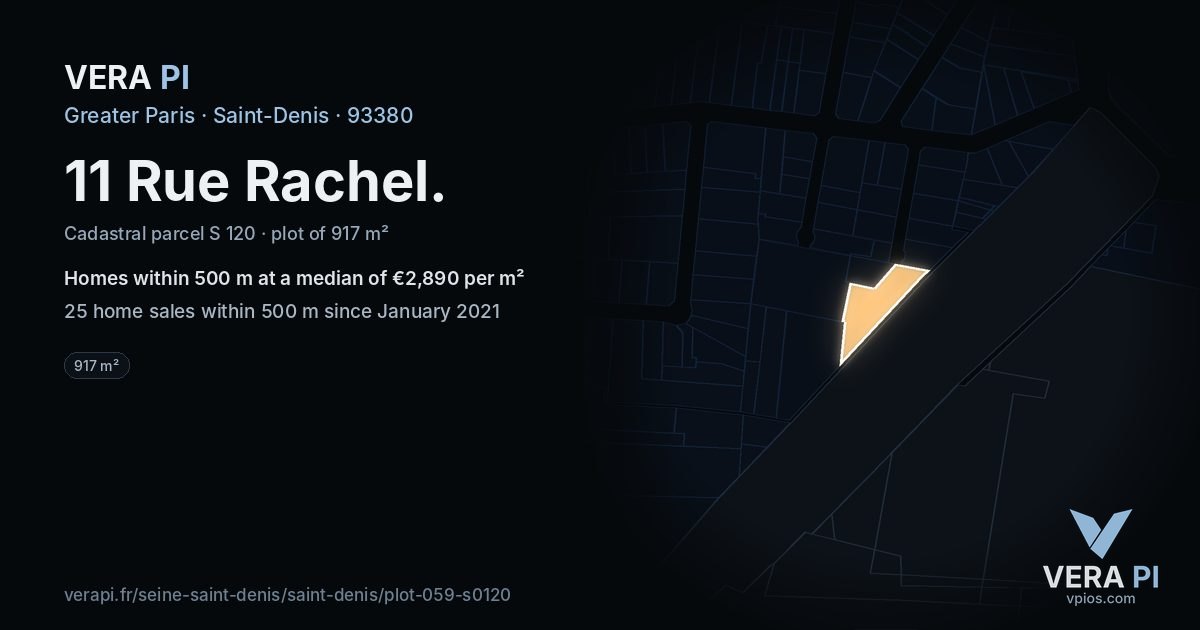 11 Rue Rachel, Saint-Denis at night – the plot lit, the parcels around coloured by the prices near them