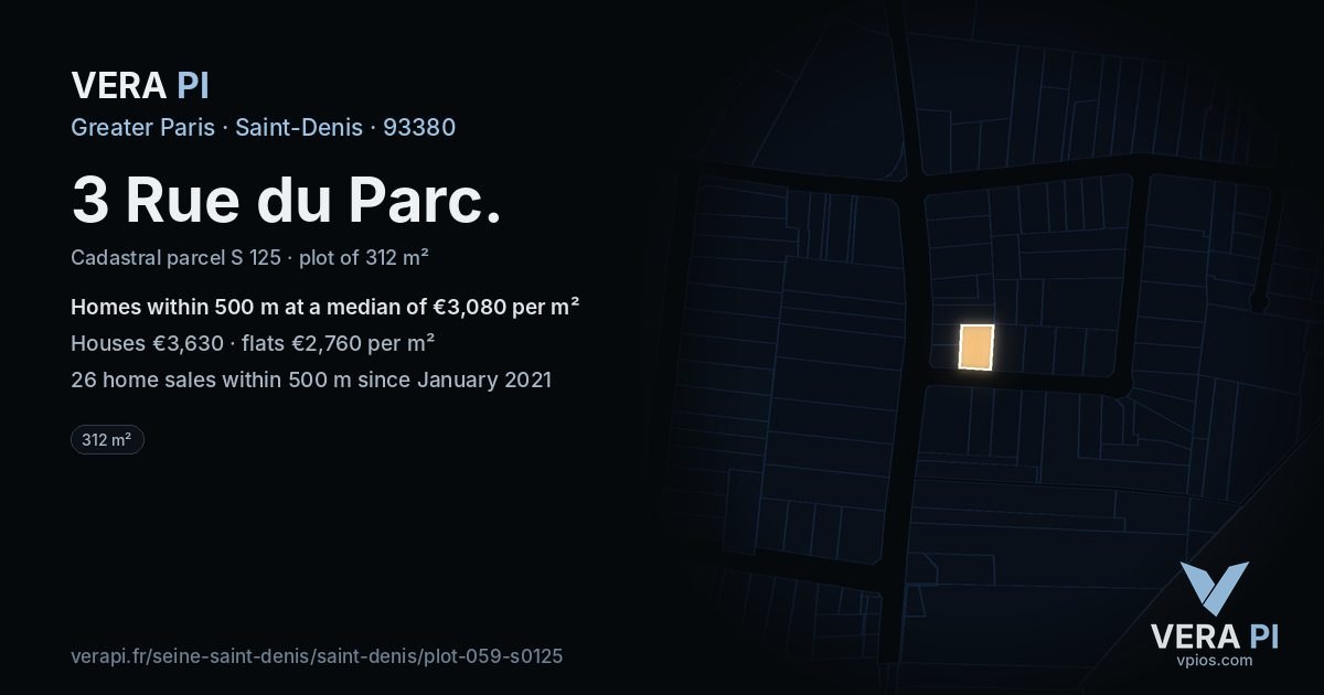 3 Rue du Parc, Saint-Denis at night – the plot lit, the parcels around coloured by the prices near them