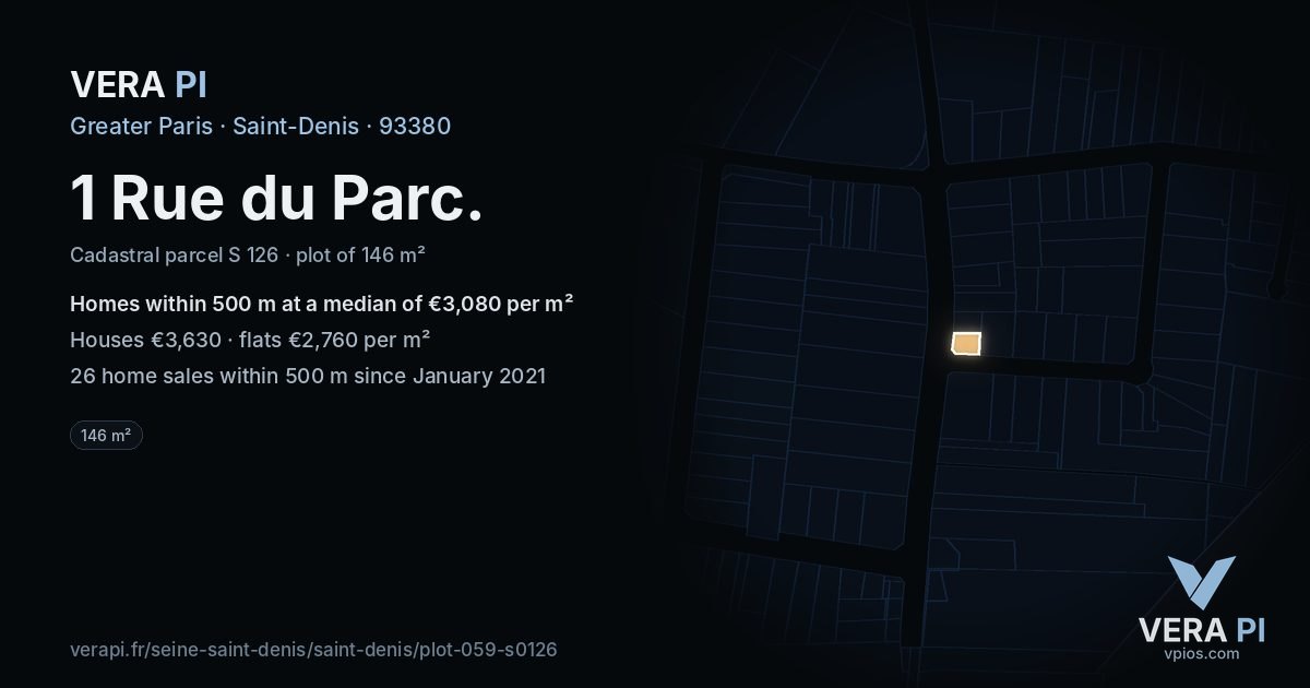 1 Rue du Parc, Saint-Denis at night – the plot lit, the parcels around coloured by the prices near them