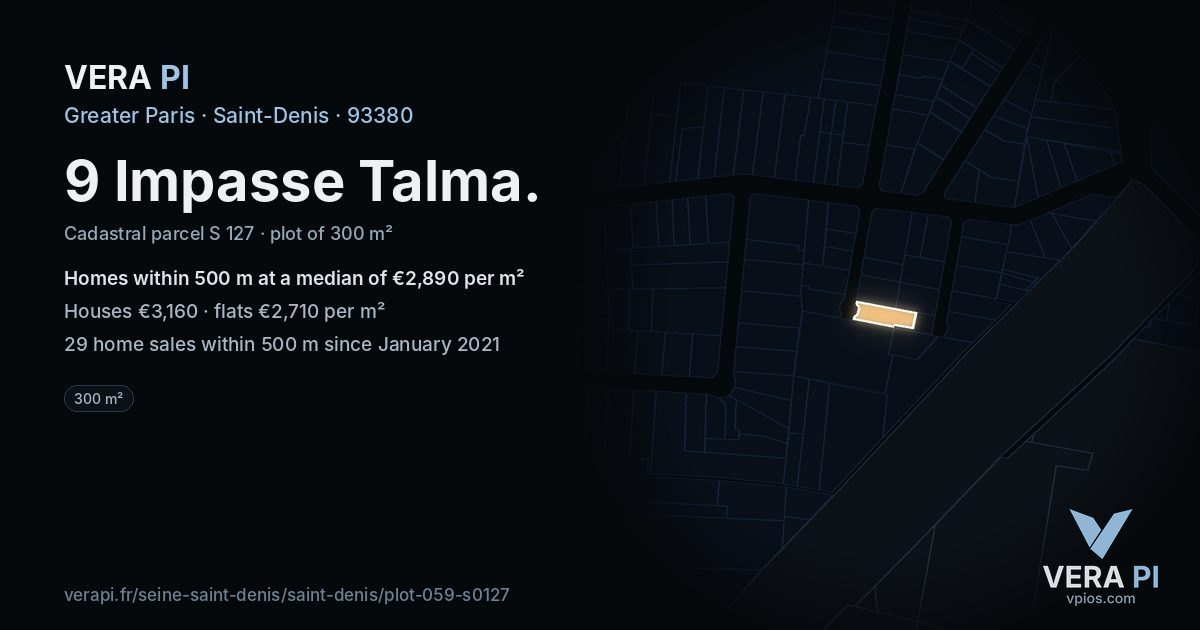 9 Impasse Talma, Saint-Denis at night – the plot lit, the parcels around coloured by the prices near them