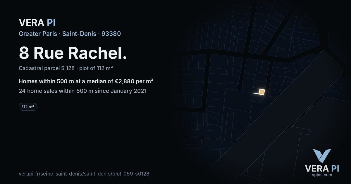 8 Rue Rachel, Saint-Denis at night – the plot lit, the parcels around coloured by the prices near them