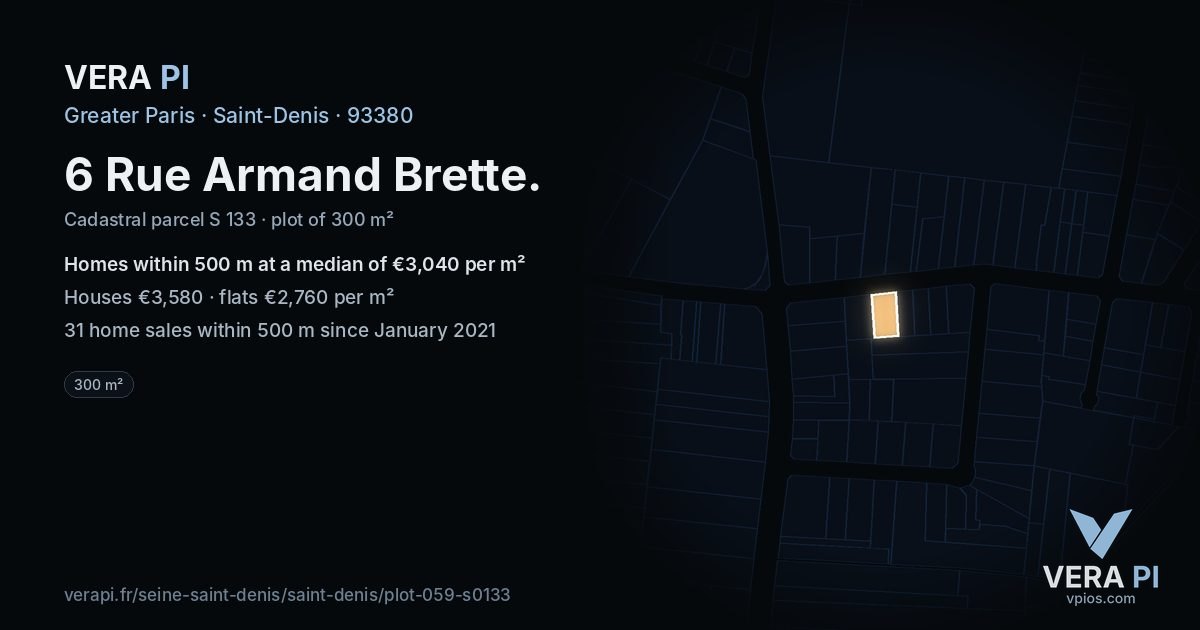 6 Rue Armand Brette, Saint-Denis at night – the plot lit, the parcels around coloured by the prices near them