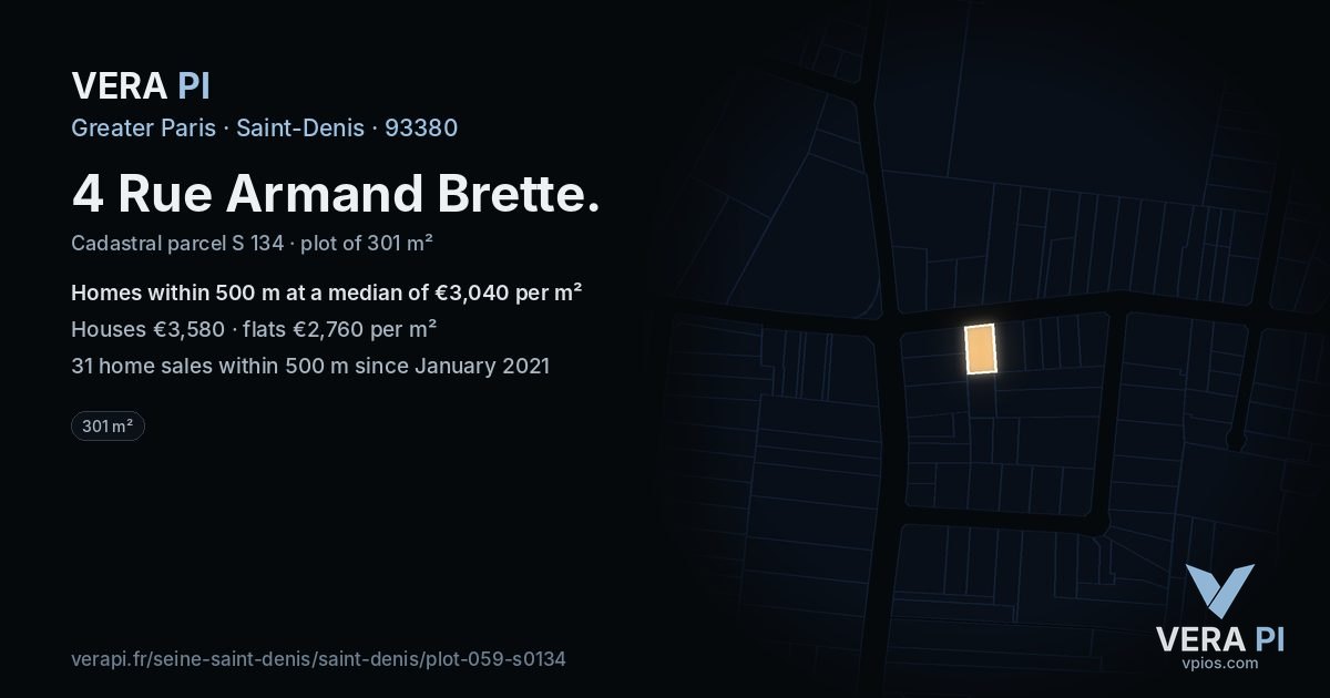 4 Rue Armand Brette, Saint-Denis at night – the plot lit, the parcels around coloured by the prices near them