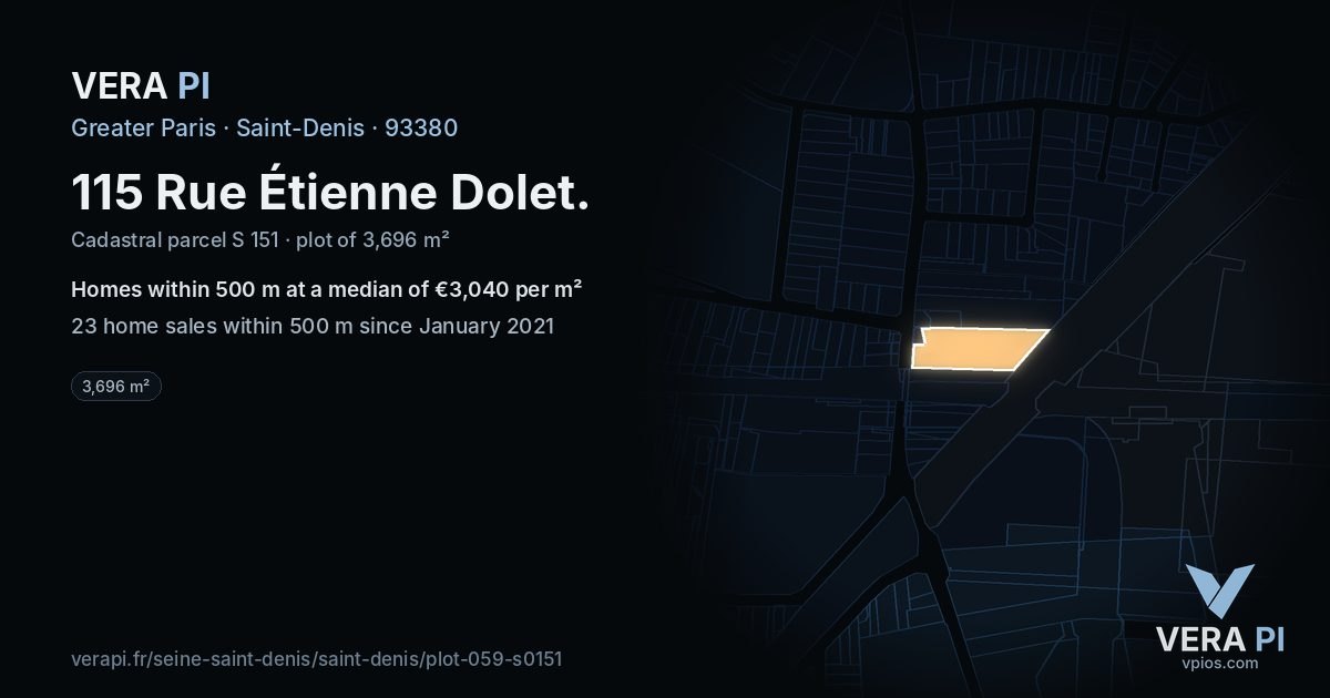 115 Rue Étienne Dolet, Saint-Denis at night – the plot lit, the parcels around coloured by the prices near them
