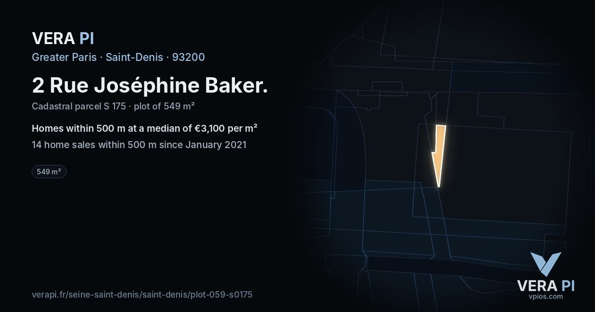 2 Rue Joséphine Baker, Saint-Denis at night – the plot lit, the parcels around coloured by the prices near them