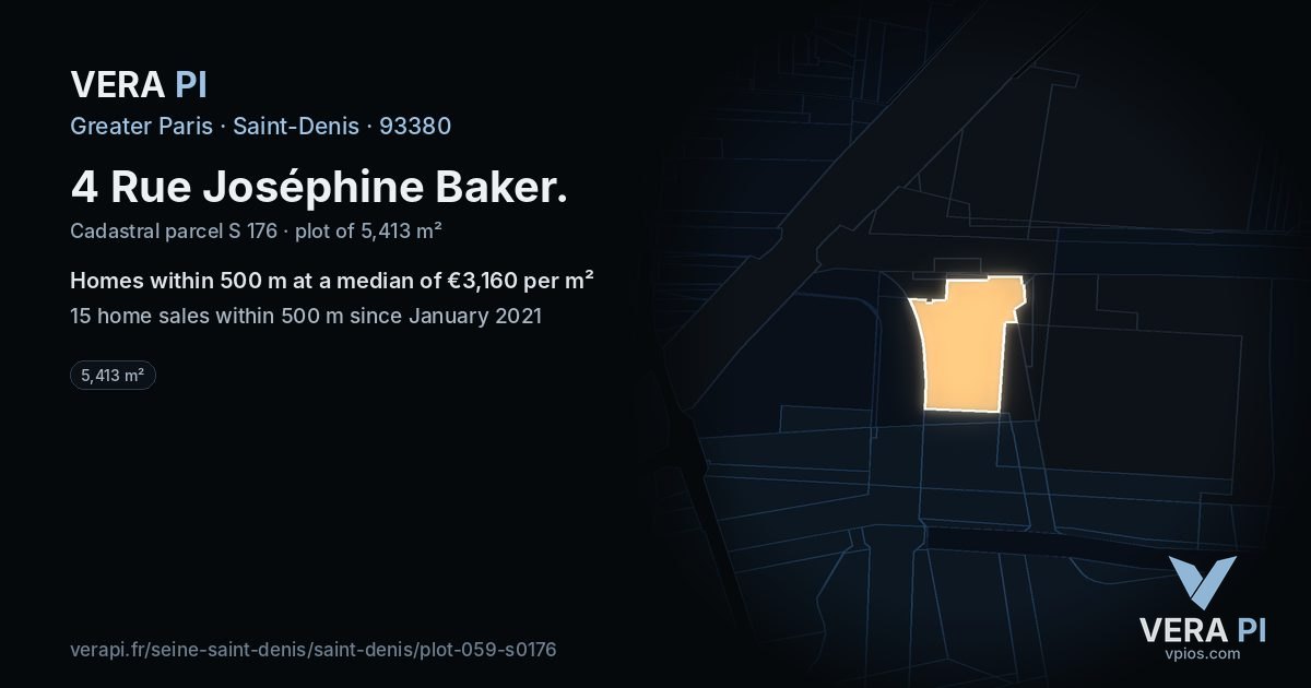 4 Rue Joséphine Baker, Saint-Denis at night – the plot lit, the parcels around coloured by the prices near them
