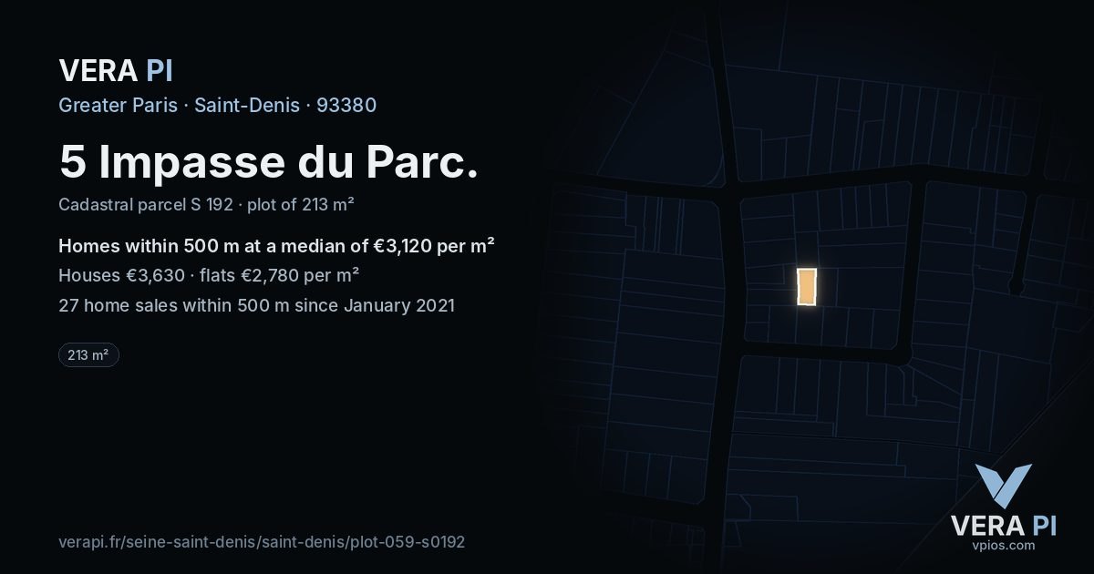 5 Impasse du Parc, Saint-Denis at night – the plot lit, the parcels around coloured by the prices near them