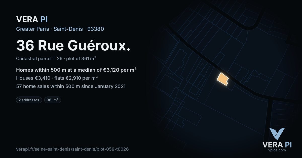 36 Rue Guéroux, Saint-Denis at night – the plot lit, the parcels around coloured by the prices near them