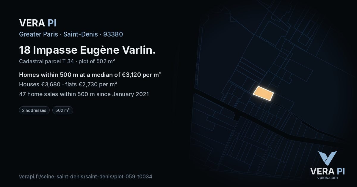 18 Impasse Eugène Varlin, Saint-Denis at night – the plot lit, the parcels around coloured by the prices near them