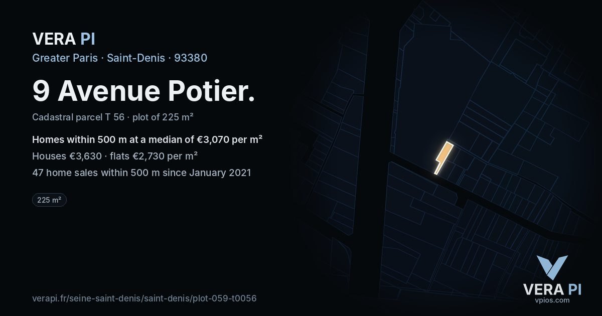 9 Avenue Potier, Saint-Denis at night – the plot lit, the parcels around coloured by the prices near them