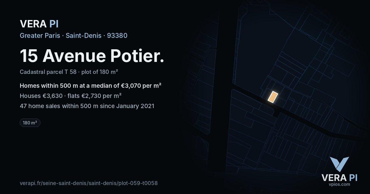 15 Avenue Potier, Saint-Denis at night – the plot lit, the parcels around coloured by the prices near them