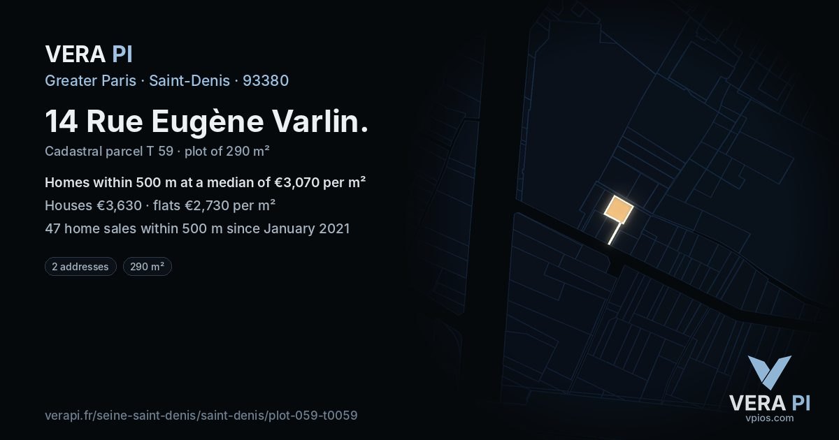 14 Rue Eugène Varlin, Saint-Denis at night – the plot lit, the parcels around coloured by the prices near them
