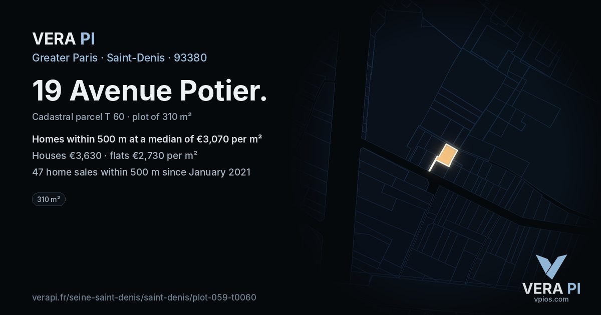 19 Avenue Potier, Saint-Denis at night – the plot lit, the parcels around coloured by the prices near them