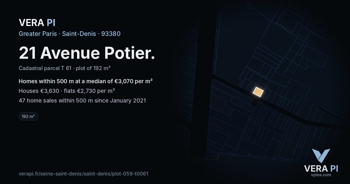 21 Avenue Potier, Saint-Denis at night – the plot lit, the parcels around coloured by the prices near them