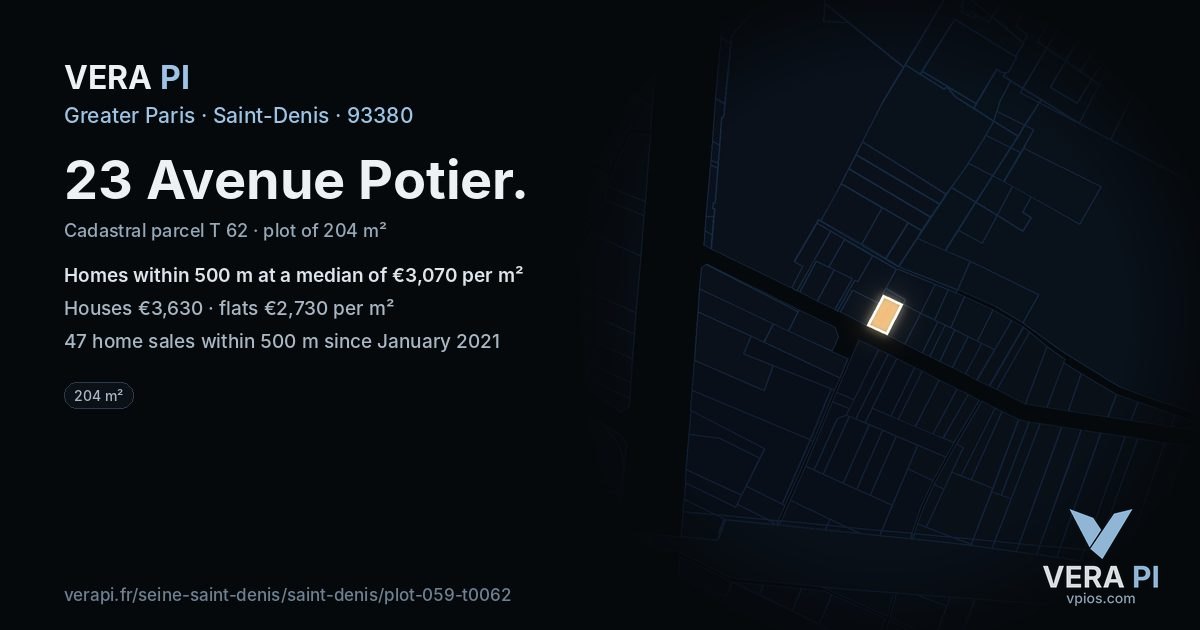23 Avenue Potier, Saint-Denis at night – the plot lit, the parcels around coloured by the prices near them
