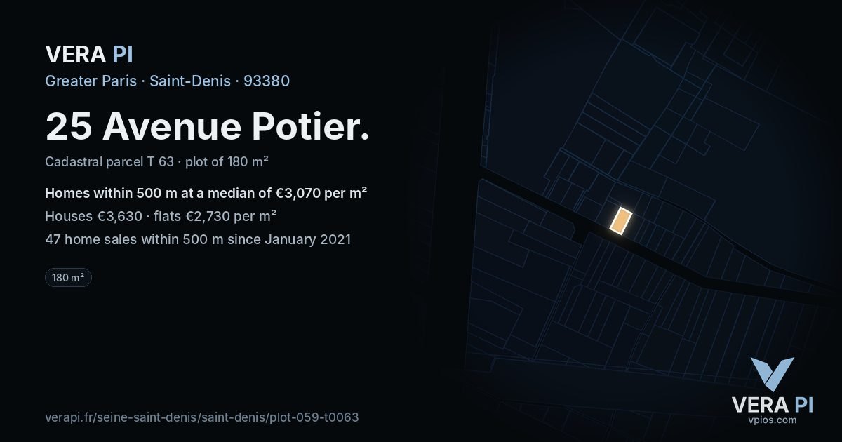 25 Avenue Potier, Saint-Denis at night – the plot lit, the parcels around coloured by the prices near them