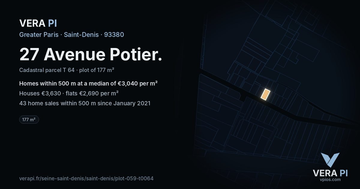 27 Avenue Potier, Saint-Denis at night – the plot lit, the parcels around coloured by the prices near them