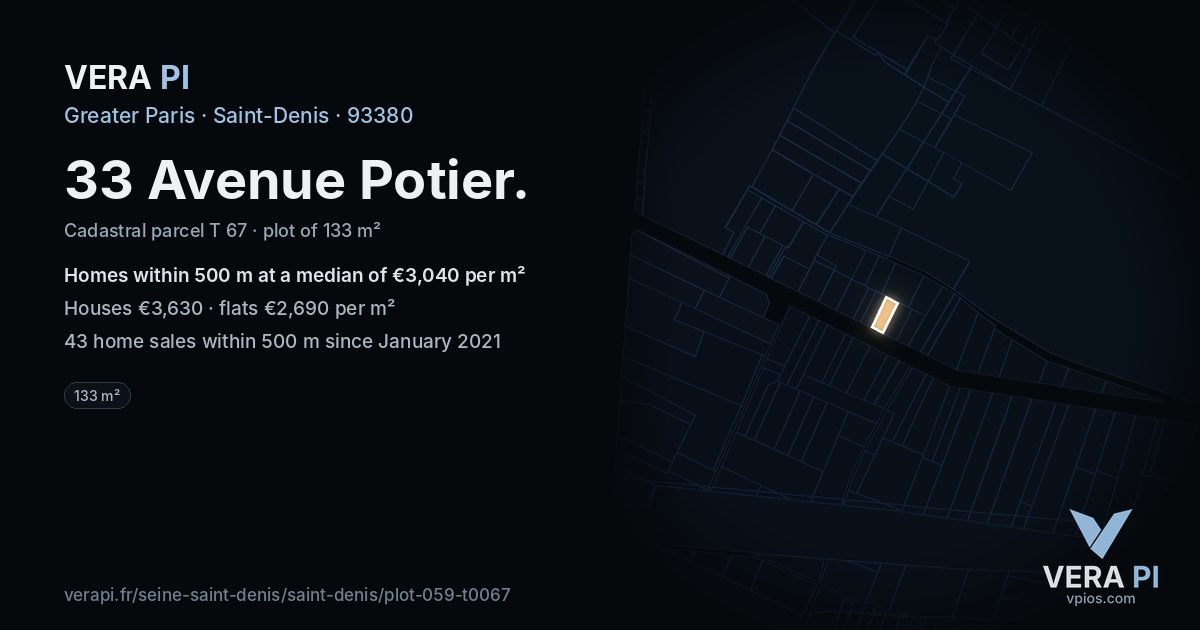 33 Avenue Potier, Saint-Denis at night – the plot lit, the parcels around coloured by the prices near them