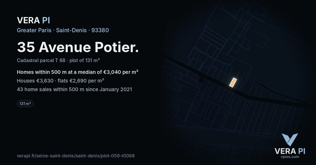 35 Avenue Potier, Saint-Denis at night – the plot lit, the parcels around coloured by the prices near them