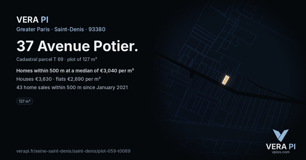37 Avenue Potier, Saint-Denis at night – the plot lit, the parcels around coloured by the prices near them