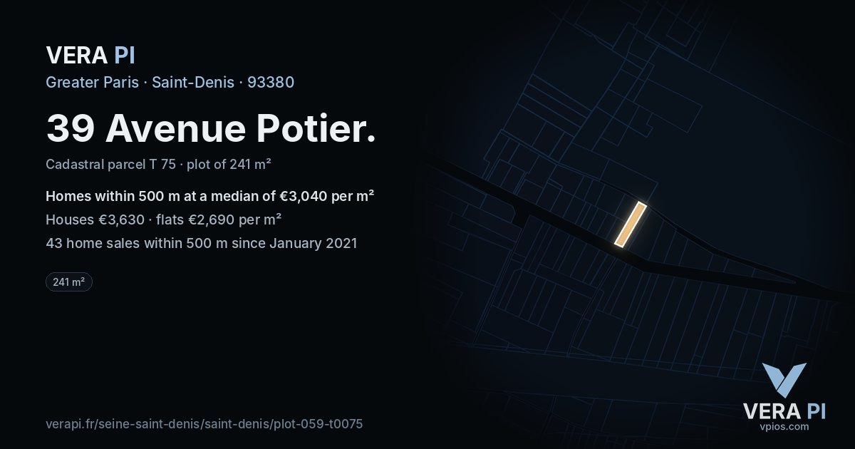 39 Avenue Potier, Saint-Denis at night – the plot lit, the parcels around coloured by the prices near them