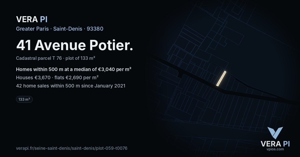 41 Avenue Potier, Saint-Denis at night – the plot lit, the parcels around coloured by the prices near them