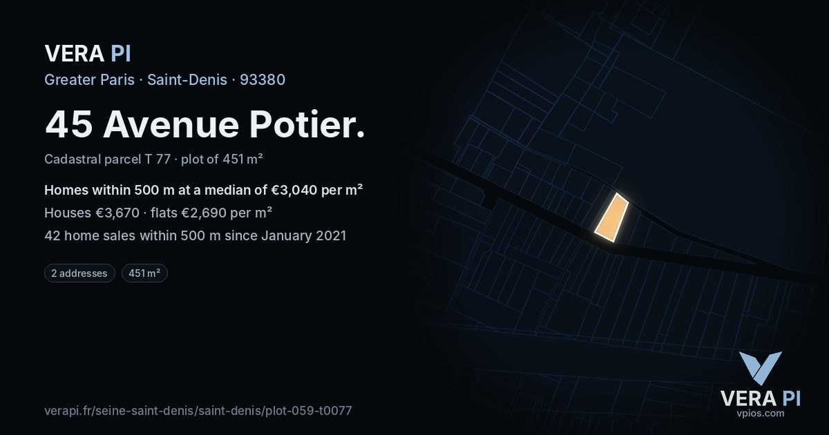 45 Avenue Potier, Saint-Denis at night – the plot lit, the parcels around coloured by the prices near them