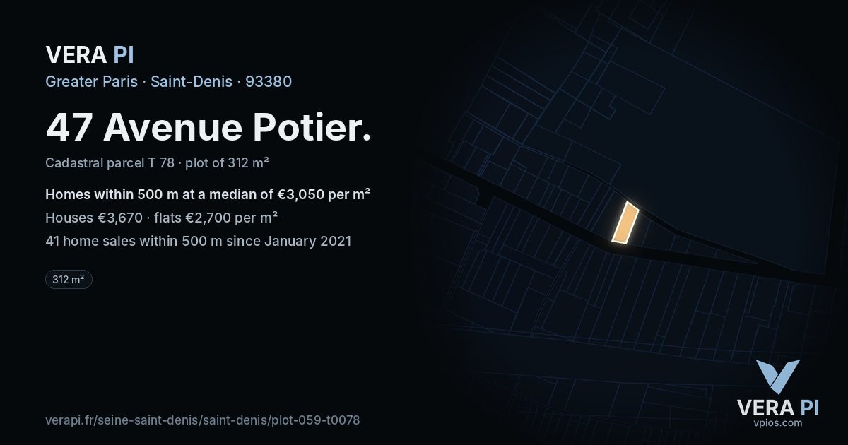 47 Avenue Potier, Saint-Denis at night – the plot lit, the parcels around coloured by the prices near them