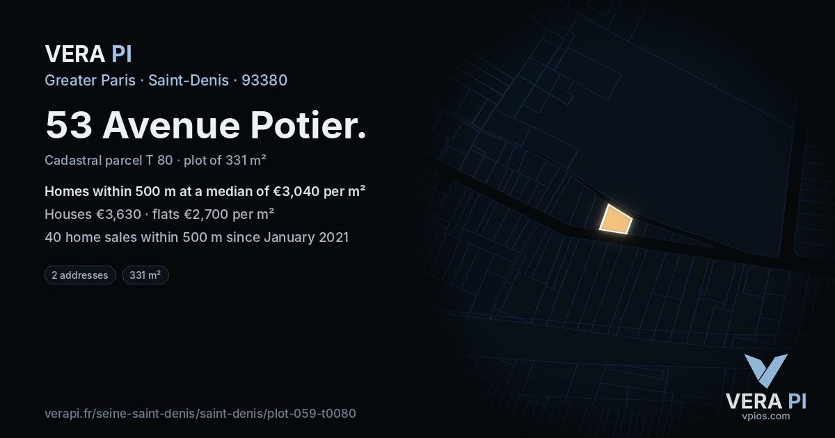 53 Avenue Potier, Saint-Denis at night – the plot lit, the parcels around coloured by the prices near them