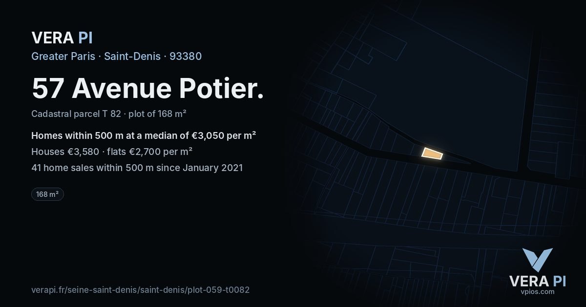 57 Avenue Potier, Saint-Denis at night – the plot lit, the parcels around coloured by the prices near them