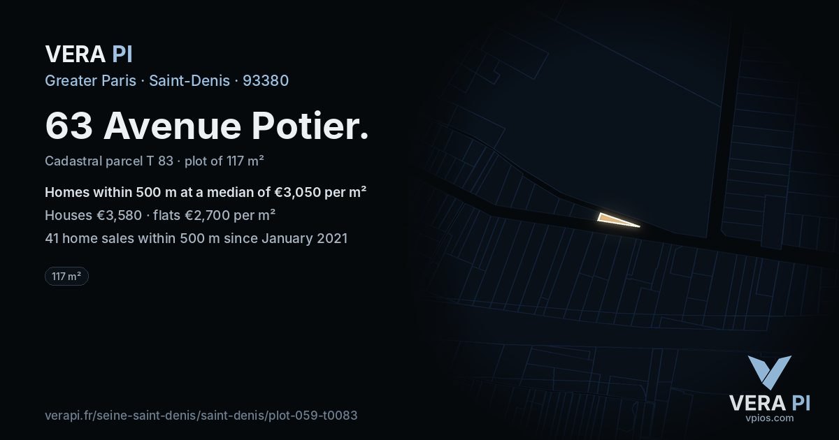 63 Avenue Potier, Saint-Denis at night – the plot lit, the parcels around coloured by the prices near them