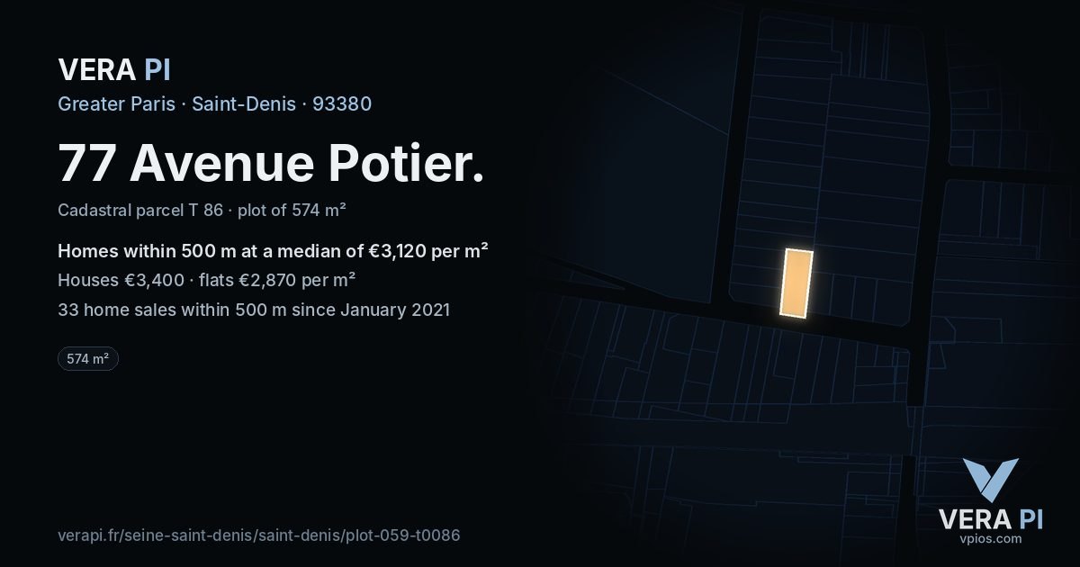 77 Avenue Potier, Saint-Denis at night – the plot lit, the parcels around coloured by the prices near them