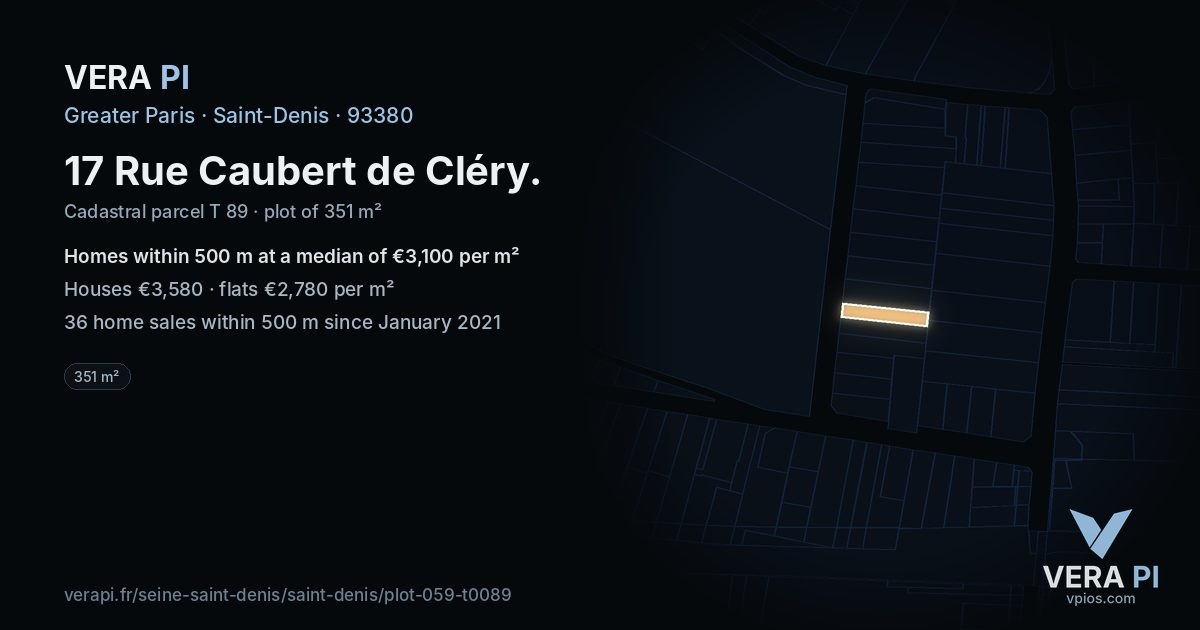 17 Rue Caubert de Cléry, Saint-Denis at night – the plot lit, the parcels around coloured by the prices near them