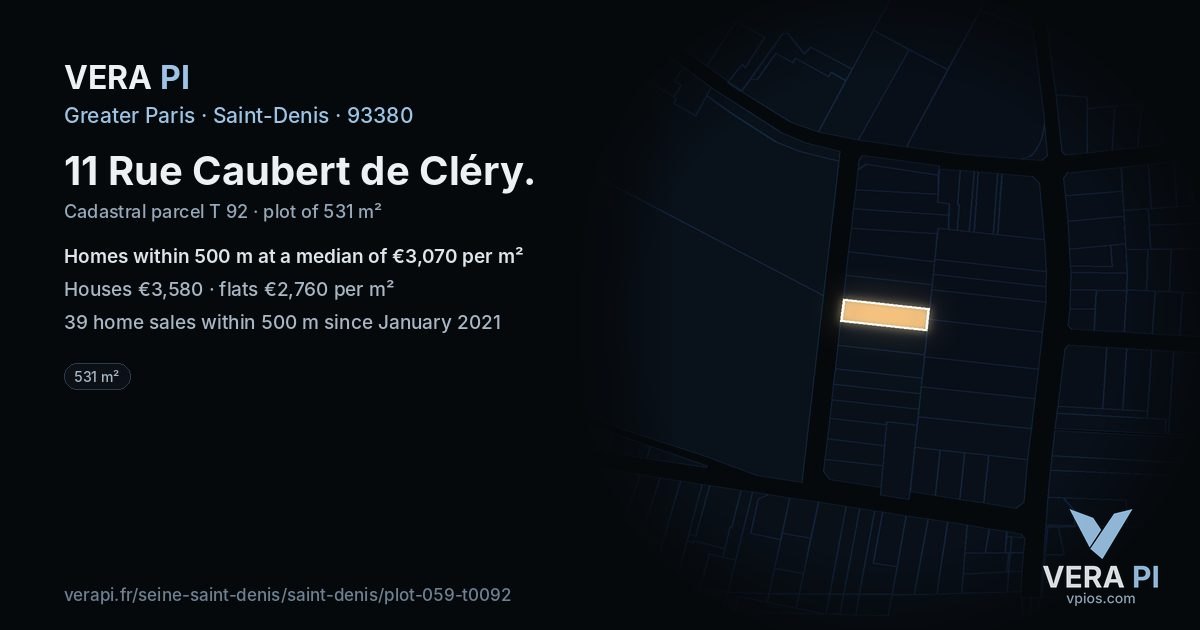11 Rue Caubert de Cléry, Saint-Denis at night – the plot lit, the parcels around coloured by the prices near them