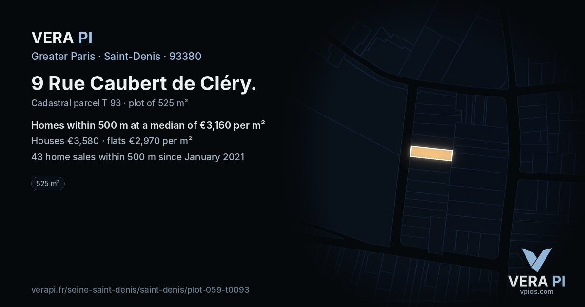 9 Rue Caubert de Cléry, Saint-Denis at night – the plot lit, the parcels around coloured by the prices near them