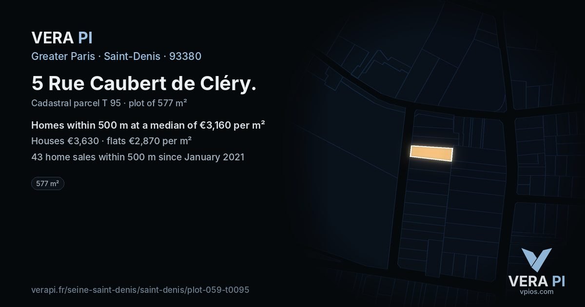 5 Rue Caubert de Cléry, Saint-Denis at night – the plot lit, the parcels around coloured by the prices near them