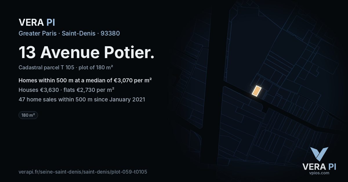13 Avenue Potier, Saint-Denis at night – the plot lit, the parcels around coloured by the prices near them