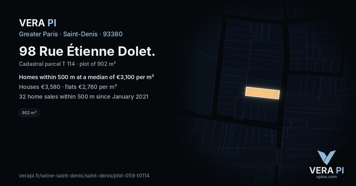 98 Rue Étienne Dolet, Saint-Denis at night – the plot lit, the parcels around coloured by the prices near them
