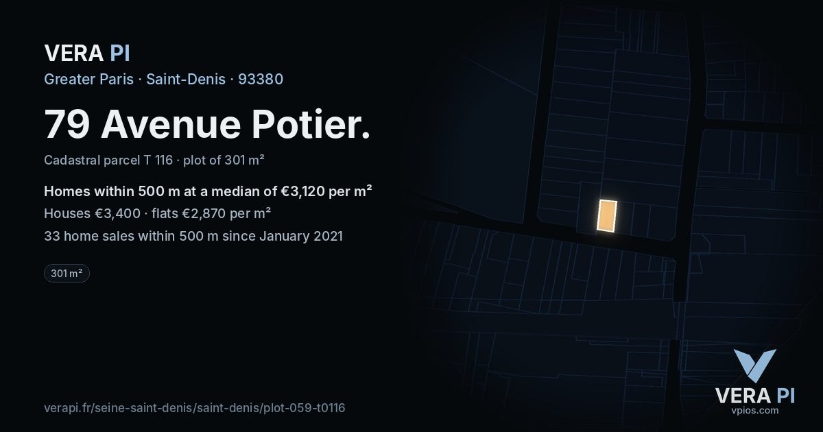 79 Avenue Potier, Saint-Denis at night – the plot lit, the parcels around coloured by the prices near them