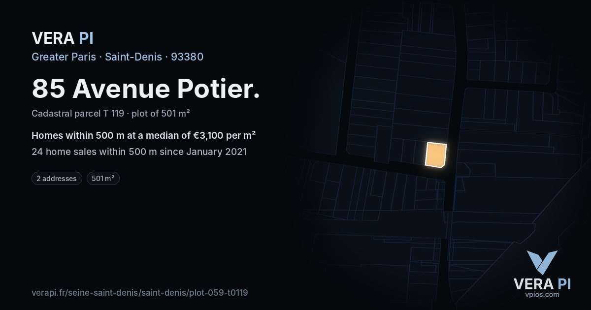 85 Avenue Potier, Saint-Denis at night – the plot lit, the parcels around coloured by the prices near them
